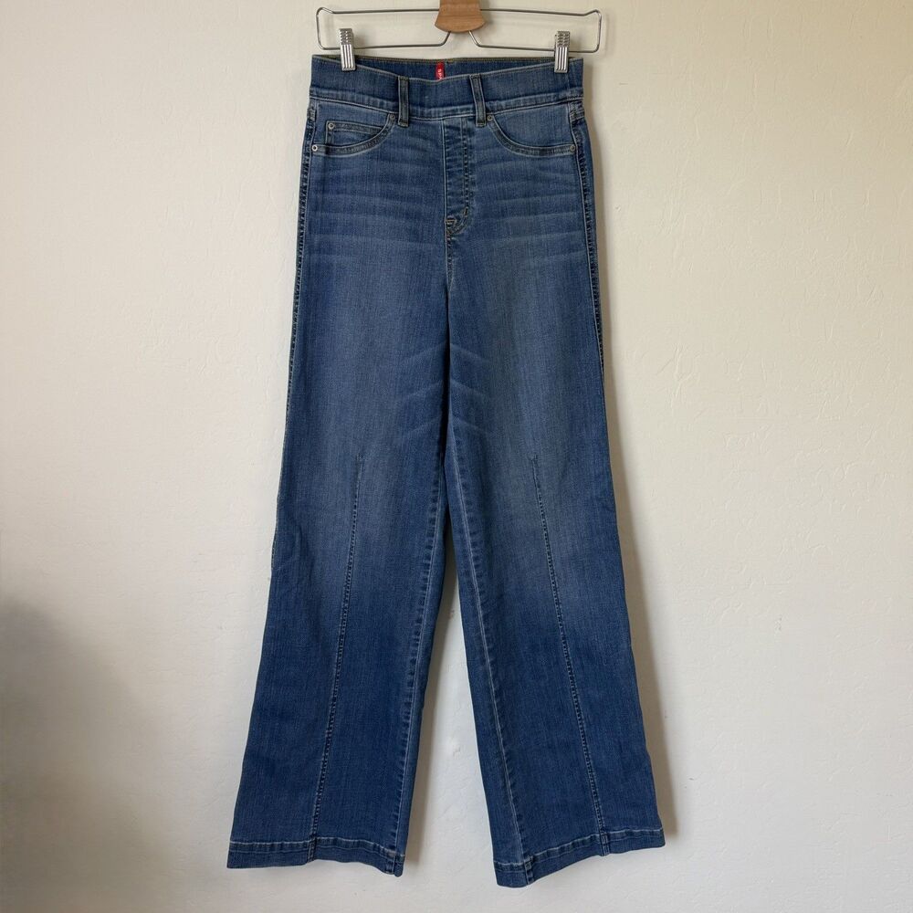 Spanx Size Small Tall Seamed Front Wide Leg Denim Vintage Indigo Pull On Jeans